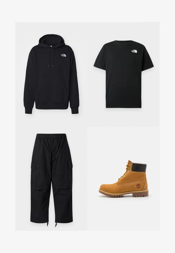 Zwarte hoodie van zacht materiaal, met een voorzak, een trekkoord aan de capuchon en een klein wit logo op de bovenste linkerborst.; Zwart katoenen T-shirt met korte mouwen, ronde hals en wit logo op de linkerborst. Eenvoudig, onopgesmukt ontwerp.; Zwarte cargobroek met een elastische tailleband, meerdere zakken en ritsen bij de enkels, uitgevoerd in een comfortabele, losse pasvorm.; Bruine leren enkellaars met metalen oogjes, witte faux bont voering, zwarte gewatteerde kraag, robuuste zool en een reliëflogo aan de zijkant.