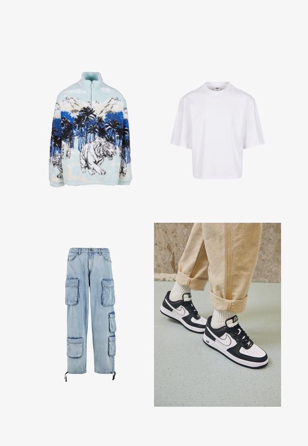 Sudadera de forro polar con cuello alto, que presenta un diseño de tigre azul y blanco entre palmeras y montañas. Textura suave y esponjosa.; Camiseta blanca de manga corta con cuello redondo y corte relajado, fabricada en una suave mezcla de algodón. Sin patrones ni adornos.; Pantalones cargo de mezclilla azul claro con múltiples bolsillos laterales, ajuste relajado, dobladillos con cordón y un simple cierre de botón.; Zapatillas Nike Air Force 1 en blanco y negro con parte superior de cuero, puntera perforada y detalle de suela texturizada, combinadas con pantalones beiges remangados y calcetines blancos.