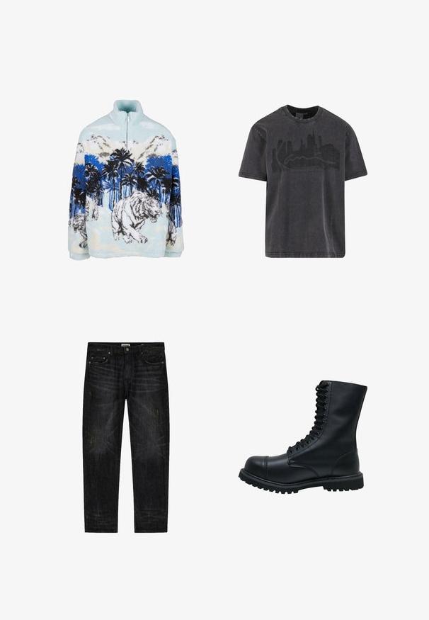 Fleece pullover med høj krave, der har et blåt og hvidt tigermotiv blandt palmer og bjerge. Blød, fyldig tekstur.; Sort bomuld t-shirt med rund hals og korte ærmer, med et slidt skyline-motiv i mørkegrå henover brystet.; Sorte denimjeans med lige snit, let falmning og slidte detaljer. Klassisk design med fem lommer og knaplukning.; Sort læder snørebåndsstøvle med rund tå, høj skaft, tyk gummisål og struktureret overflade. Har forstærket syning langs sømmene.