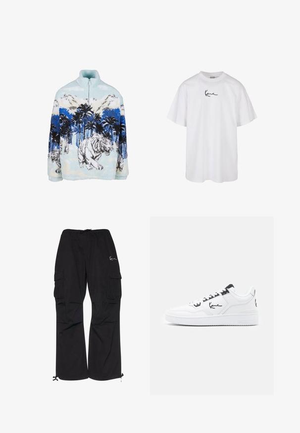 Fleece pullover med høj krave, der har et blåt og hvidt tigermotiv blandt palmer og bjerge. Blød, fyldig tekstur.; Hvid bomuld t-shirt med rund hals og korte ærmer, med et sort broderet logo centreret på brystet.; Sorte cargobukser lavet af letvægtsstof, med elastisk talje med snøre, sidelommer og justerbare manchetter.; Hvide lædersneakers med sorte detaljer, der har et signaturlogo på siden, rund tå og tekstureret gummisål.