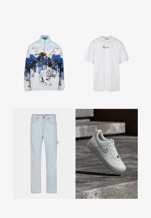 Sudadera de forro polar con cuello alto, que presenta un diseño de tigre azul y blanco entre palmeras y montañas. Textura suave y esponjosa.; Camiseta de algodón blanca con escote redondo y mangas cortas, con un logotipo bordado en negro centrado en el pecho.; Jeans de mezclilla azul claro, corte recto, que cuentan con un cierre de botón, cinco bolsillos y detalle de bucle lateral para mayor funcionalidad.; Zapatilla blanca Nike Air Force 1 flotando sobre una superficie de hormigón texturizado con escalones de piedra al fondo.