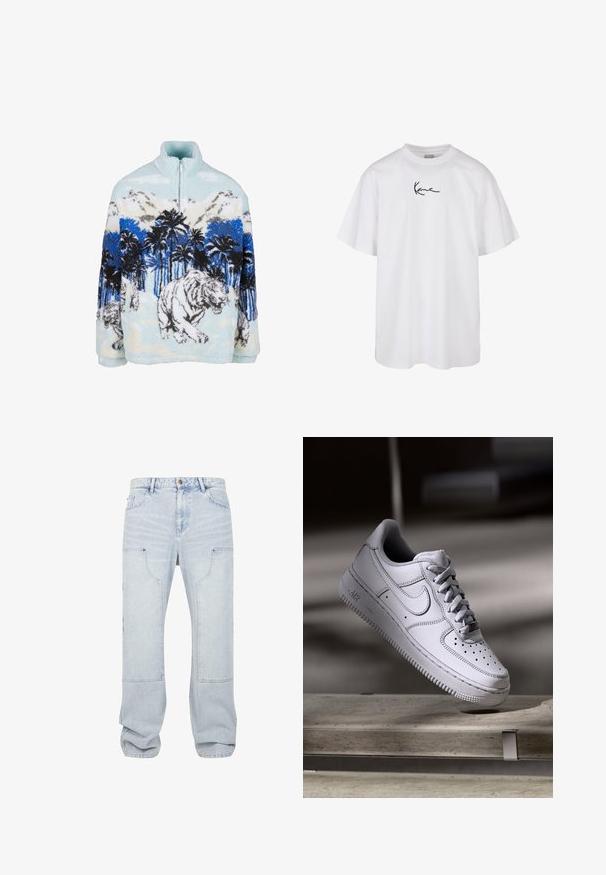 Fleece pullover med høj krave, der har et blåt og hvidt tigermotiv blandt palmer og bjerge. Blød, fyldig tekstur.; Hvid bomuld t-shirt med rund hals og korte ærmer, med et sort broderet logo centreret på brystet.; Lyseblå denim cargo jeans med en afslappet pasform, der har store frontlommer og let slid. Tydeligt definerede sømme og manchetter.; Hvid læder Nike Air Force 1 sneaker med perforeret tå, flade snørebånd og tekstureret gummisål med "AIR" branding på siden.