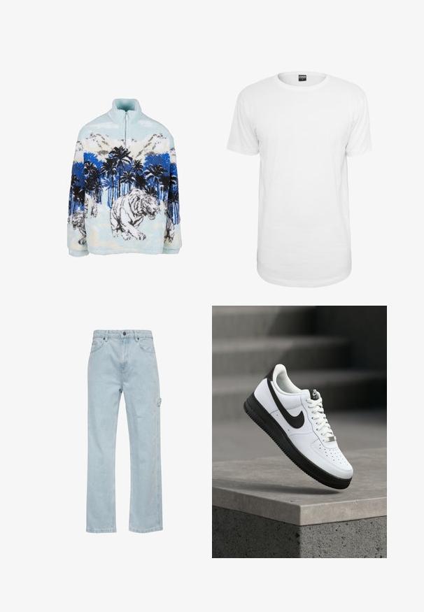 Fleece pullover med høj krave, der har et blåt og hvidt tigermotiv blandt palmer og bjerge. Blød, fyldig tekstur.; Hvid kortærmet t-shirt lavet af bomuld, med en klassisk rund halsudskæring, en afslappet pasform og uden synlige mønstre eller logoer.; Lysblå denim jeans med lige ben-design, der har for- og baglommer samt en sidelomme til cargo. Glat tekstur, afslappet stil.; Hvid lædersneaker med sorte detaljer, rundet tå og perforerede detaljer. Sort gummisål med tekstureret mønster og snørelukning.