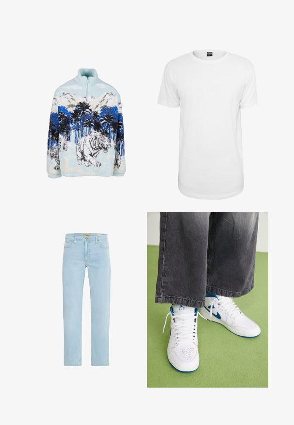 Fleece pullover med høj krave, der har et blåt og hvidt tigermotiv blandt palmer og bjerge. Blød, fyldig tekstur.; Hvid kortærmet t-shirt lavet af bomuld, med en klassisk rund halsudskæring, en afslappet pasform og uden synlige mønstre eller logoer.; Lysblå jeans lavet af denim, med lige ben design, klassisk fem-lomme stil, og metalknaplukning foran.; Hvide højtop sneakers med blå accenter, perforeret tå boks og hvide snørebånd. Båret med løse grå denim bukser på en grøn overflade.