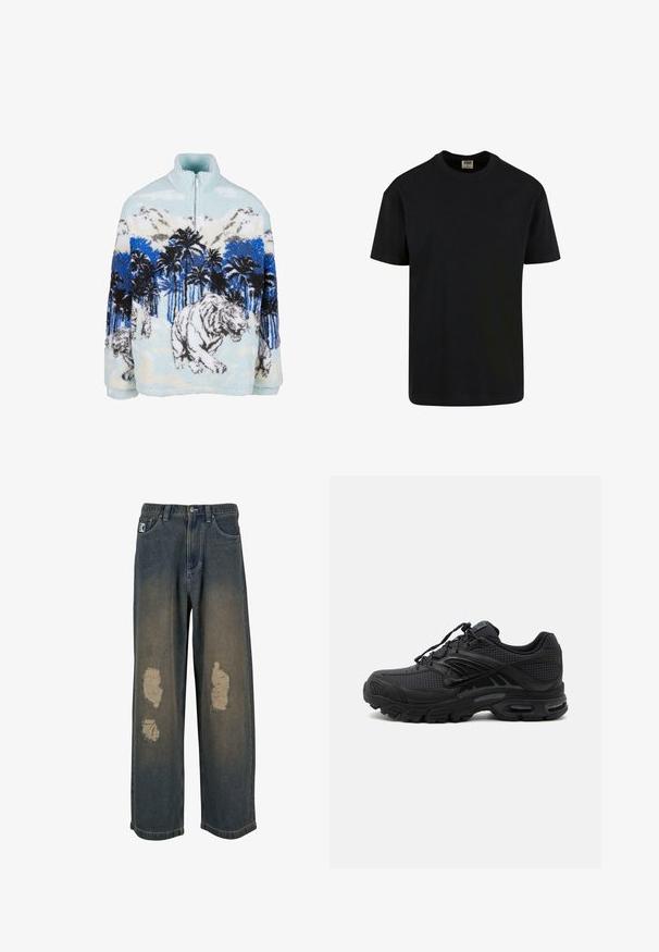 Mikina z fleecu s vysokým golierom, s modro-bielym dizajnom tigra medzi palmami a horami. Mäkká, plyšová textúra.; Urban Classics SHORTSLEEVE - Základné tričko - black; Vyblednuté modré džíny so širokými nohavicami, s vyťahanými záplatami a rozstrapkanými okrajmi. Metallový gombík a zips, so prednými vreckami.; Čierna atletická teniska s texturovanou tkaninou, hrubou polstrovanou podrážkou, odvetrávacími otvormi a šnurovaním, zobrazená z boku na svetlom pozadí.