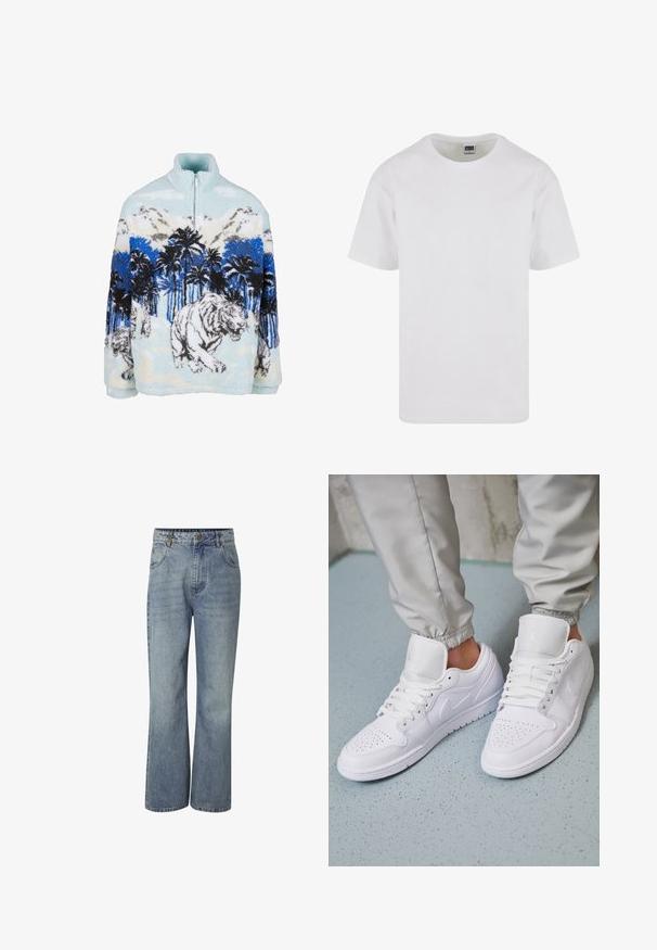 Fleece pullover med høj krave, der har et blåt og hvidt tigermotiv blandt palmer og bjerge. Blød, fyldig tekstur.; Hvid T-shirt med rund hals lavet af blød bomuld, med korte ærmer og lige kant. Simpelt, udekoreret design i ensfarvet.; Højtaljede blå denimjeans med vide ben, knaplukning foran, bæltestropper og lommer foran og bagpå.; Hvide lædersneakers har en perforeret tåboks, flade snørebånd, polstret krave og Jordan-logoet på tungen. Båret med grå joggers.