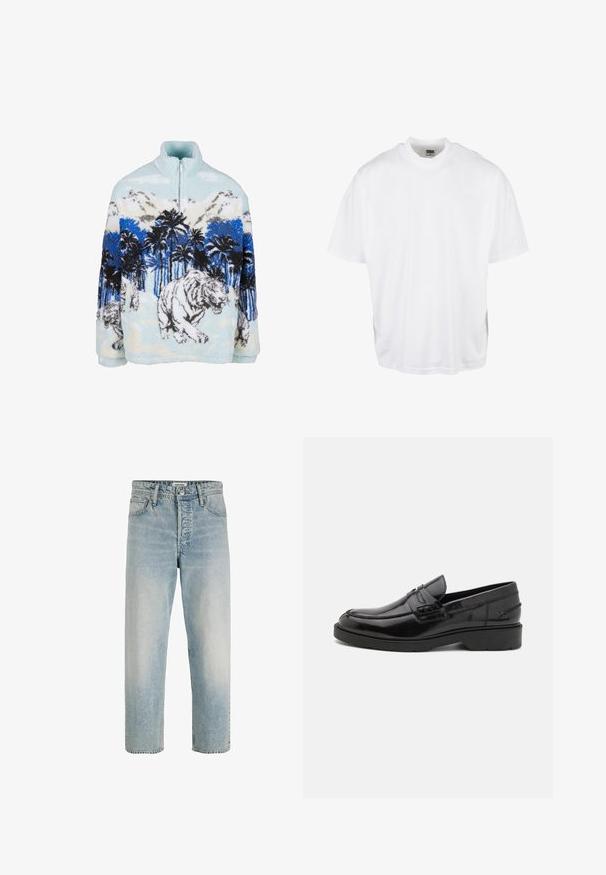 Fleece pullover med høj krave, der har et blåt og hvidt tigermotiv blandt palmer og bjerge. Blød, fyldig tekstur.; Hvid bomulds T-shirt med en afslappet pasform, korte ærmer og rund halsudskæring, med en lige kant og ingen synlige grafikker eller mønstre.; Lyseblå jeans med lige ben, forlommer, bæltestropper, lynlås og knaplukning, lavet af Jack & Jones.; Sorte læder loafers med en glat finish, rund tå, lav hæl og dekorativ syning langs forsiden. Gummisål for godt greb.