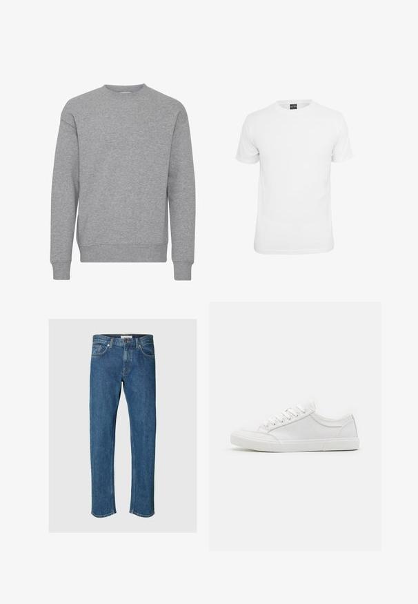 Sweat-shirt à manches longues gris clair uni avec col, poignets et ourlet côtelés, présenté de face sur un fond blanc.; T-shirt blanche à manches courtes, en coton, avec un col rond et une texture lisse, conçue pour un usage décontracté.; Selected SLH196-STRAIGHT BEN KORI JEANS NOOS - Jean droit - medium blue denim; Baskets blanches avec une tige en cuir lisse, bout rond, semelle plate en caoutchouc et six œillets pour les lacets. Détails de couture subtils, design minimaliste.