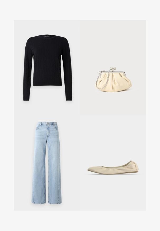 Pull en maille noir avec un motif en losange, manches longues, col rond et poignets et ourlet côtelés. Fabriqué en matériau doux et texturé.; Jean en denim léger bleu clair à jambes larges avec taille haute, cinq poches et texture décolorée. Présente des détails cousus et une coupe droite à l'ourlet.; Ballerine beige en cuir souple avec bout arrondi, profil latéral bas et semelle fine en caoutchouc sur fond blanc uni.; Pochette en cuir beige plissé avec un cadre en métal argenté, dotée de deux fermoirs ronds décoratifs et d'une chaîne en argent.