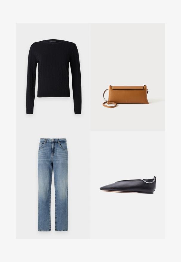 Pull en maille noir avec un motif en losange, manches longues, col rond et poignets et ourlet côtelés. Fabriqué en matériau doux et texturé.; Jeans en denim bleu clair avec une coupe droite, comportant cinq poches, une fermeture à bouton et à glissière, et un léger délavage sur le tissu.; Chaussure plate noire en cuir pointue avec un petit talon et un détail de chaîne argentée à l'arrière sur un fond uni.; Sac à main en cuir brun, de forme rectangulaire, surface texturée, bandoulière amovible, fermeture éclair, logo subtil estampé à l'avant.