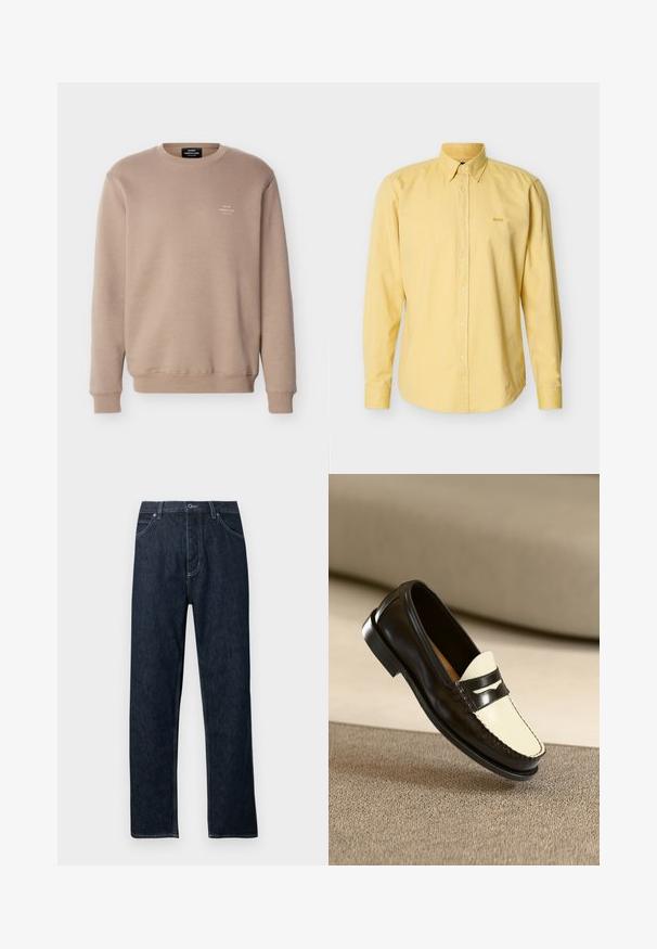 Sweat-shirt beige à col rond avec manches longues, poignets et ourlet côtelés, et petit logo blanc "Mads Nørgaard Copenhagen" sur le côté gauche de la poitrine.; Chemise à manches longues jaune clair avec col boutonné et petit logo brodé "BOSS" sur le côté gauche de la poitrine.; Jean en denim foncé avec une coupe droite, cinq poches, des accents de couture bleue et une fermeture à boutons. Propre, sans motifs visibles.; Mocassin en cuir noir avec un empeigne crème et des rayures noires, présentant un petit talon et des coutures détaillées le long des bords.