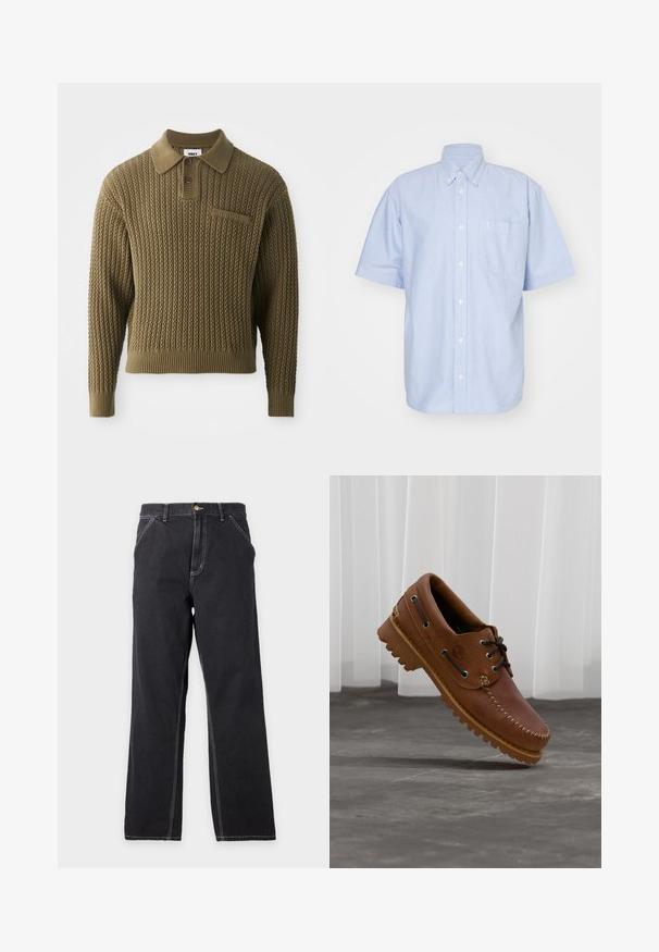Pull tricoté en vert olive avec un motif texturé, un col et une patte de boutonnage à trois boutons. Présente des poignets et un ourlet côtelés.; Chemise à manches courtes bleu clair en tissu coton. Dotée d'un col et d'une poche avant. Design simple et uni.; Jean noir à coupe droite avec poches avant, passants de ceinture et coutures blanches visibles sur un fond gris clair uni.; Chaussure de bateau en cuir marron avec des lacets noirs, des coutures beiges et une semelle robuste, suspendue au-dessus d'un sol en béton gris.