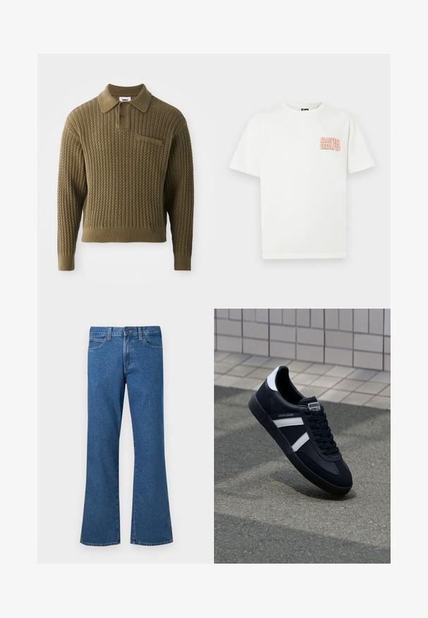 Gebreide trui in olijfgroen met een gestructureerd patroon, een kraag en een knoopsluiting met drie knopen. Voorzien van geribde manchetten en een zoom.; Witte t-shirt met korte mouwen met de tekst "David Bowie" in roze en oranje op de linkerborst.; Blauwe denim flared jeans met een taille op heuphoogte, vijf zakken, lichte stiksels en een knoopsluiting. Glad oppervlak en gelijkmatige kleur overal.; Zwarte leren sneaker met witte strepen, een gestructureerde rubberen zool en vetersluiting aan de voorkant. Voorzien van een merklabel op de tong.