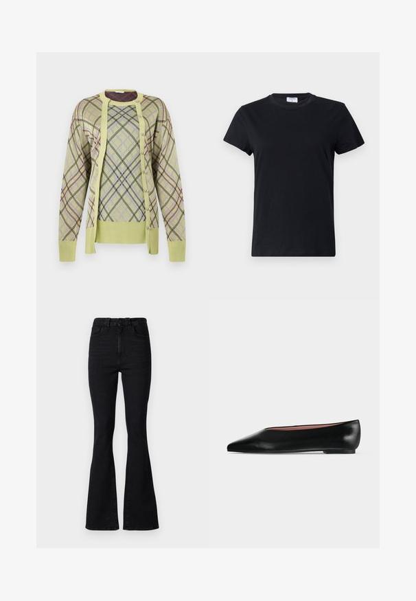 Rabanne Pullover - almond; T-shirt noir à manches courtes en coton, avec un col rond et une texture simple et lisse, sans motif imprimé ni accents.; Jean évasé noir taille haute, en denim. Les caractéristiques comprennent une fermeture à bouton, un design à cinq poches et une texture lisse.; Chaussure plate en cuir noir pour femme, avec bout pointu et petit talon, vue de côté sur un fond gris clair uni.