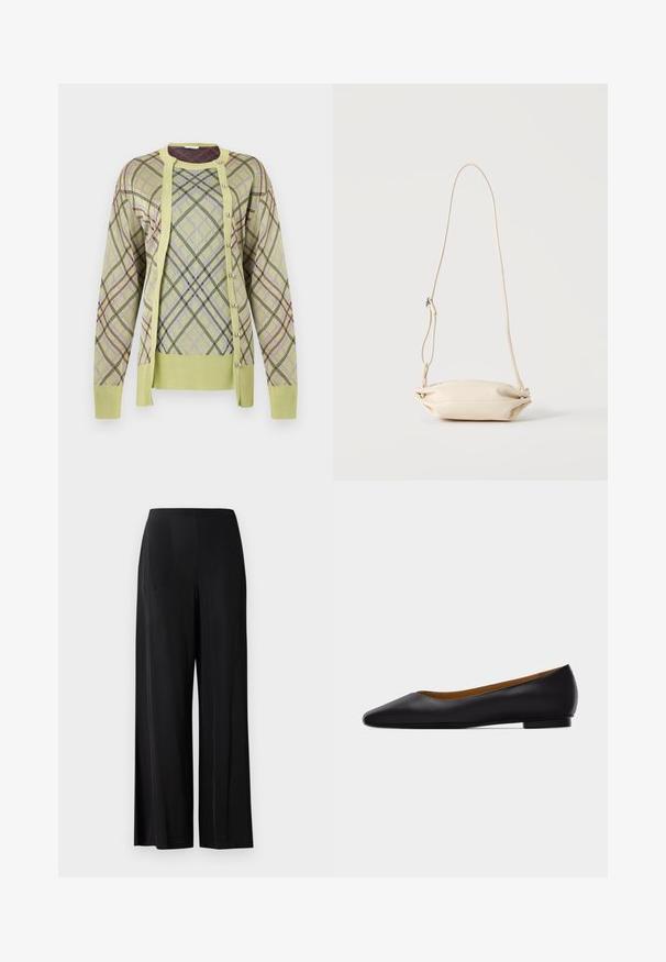 Rabanne Pullover - almond; Pantalons larges noirs en tissu lisse, avec une taille haute et sans poches ni éléments métalliques visibles. Design longueur sol.; Chaussure plate en cuir noir à bout pointu avec talon bas et finition lisse, vue de côté sur un fond gris clair.; Petit sac bandoulière en cuir beige avec sangle ajustable, présenté sur un fond clair uni.