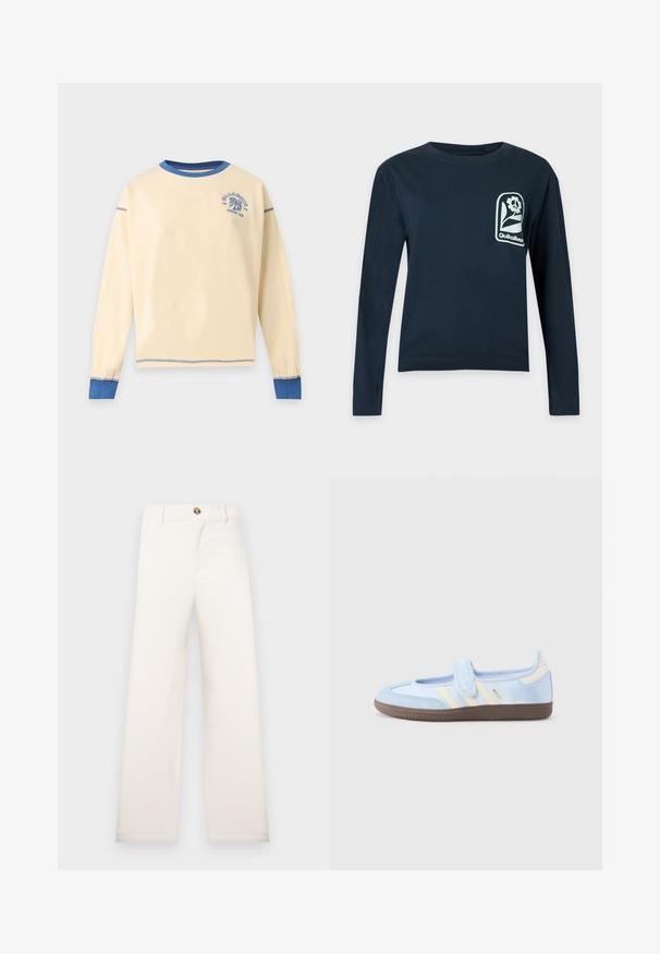 Chemise crème à manches longues avec col rond, col, poignets et coutures bleus, avec un petit logo palmier bleu sur la poitrine gauche.; Chemise manches longues bleu marine avec col rond et logo fleur blanche avec le texte "Quiksilver" sur la poitrine gauche.; Pantalon beige à jambe large en tissu texturé. Comprend une fermeture à boutons à l'avant et des passants pour ceinture. Design simple et épuré sans motifs.; Baskets bleu clair avec une sangle à velcro, des bandes crème sur les côtés, tige en tissu souple, semelle en caoutchouc marron texturée.