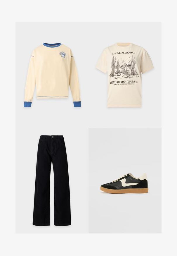 Chemise crème à manches longues avec col rond, col, poignets et coutures bleus, avec un petit logo palmier bleu sur la poitrine gauche.; T-shirt beige avec une scène de désert noire représentant des cactus, des montagnes et des oiseaux, étiqueté "Billabong Heading West Since Seventy Three."; Pantalon large en velours côtelé noir avec poches avant et fermeture à bouton à la taille, présenté sur un fond clair uni.; Baskets en daim et cuir noir avec un swoosh latéral crème et un talon crème clair. Dotées de lacets beige et d'une semelle en caoutchouc gomme.