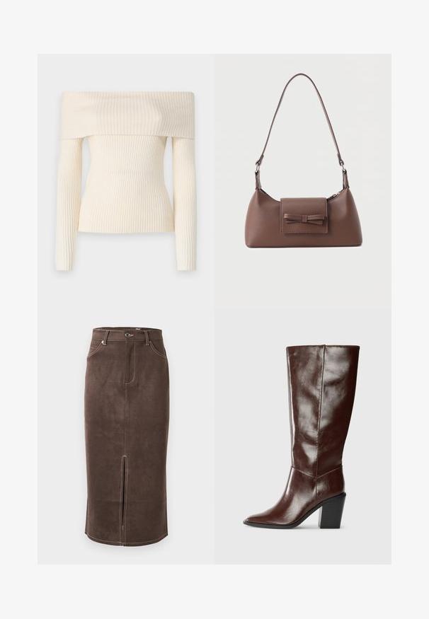 Off-shoulder, geribbelde gebreide trui in crème. Heeft lange mouwen en een getailleerde pasvorm, met een zachte textuur en een subtiele glans.; Bruine suède pencil skirt met een voorkantsplit, contrasterende witte stiksels en een klassieke vijf-pocket ontwerp. Klassieke knoopsluiting bij de taille.; Hoge donkerbruine leren laars met een spitse neus en een gestapelde blokhak, vanuit de zijkant weergegeven op een effen achtergrond.; Bruine leren schoudertas met een voorvak met klep en een gestikte strikdetail en een verstelbare band.