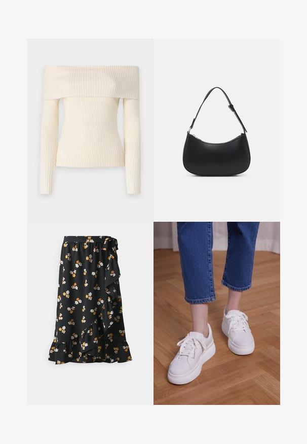 Off-shoulder, geribbelde gebreide trui in crème. Heeft lange mouwen en een getailleerde pasvorm, met een zachte textuur en een subtiele glans.; Zwarte bloemenrok met een gerimpelde zoom, versierd met kleine gele, witte en oranje bloemen. Gemaakt van lichtgewicht stof met een tailleband die je kunt strikken.; Benen met cropped blauwe jeans en witte vetersneakers met plateauzool, staand op een lichte houten vloer.; Pieces PCALUANA SHOULDER BAG - Handtas - black