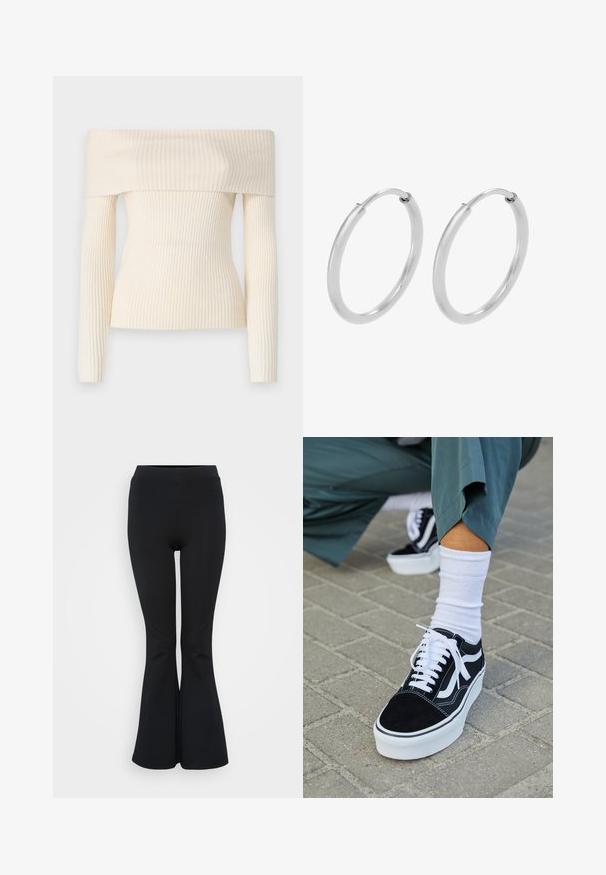 Off-shoulder, geribbelde gebreide trui in crème. Heeft lange mouwen en een getailleerde pasvorm, met een zachte textuur en een subtiele glans.; Zwarte flared leggings van rekbaar materiaal. Beschikt over een hoge tailleband en een gladde textuur. Eindigt in een flared zoom.; Zwarte suède sneaker met witte accenten en veters, uitgerust met een dikke witte zool en contrasterende stiksels, gecombineerd met een witte sok.; Zilveren hoepeloorbellen, cirkelvormig, met een gladde glanzende textuur en een constante breedte. Minimalistisch ontwerp zonder extra accenten.