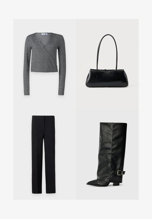 Top gris de manga larga con cierre cruzado, hecho de tela texturizada, con un escote en V profundo y un diseño corto. Costuras limpias y detalles mínimos.; Pantalones negros ajustados de corte recto, con una textura suave y sin patrones visibles. Cintura estándar y un acabado limpio.; Botas de cuero negro hasta el tobillo con punta afilada, textura suave y un detalle de hebilla plateada en el lado. Tacón cuadrado grueso.; Bolso de hombro rectangular negro con correas largas y delgadas y una textura lisa y brillante sobre un fondo liso.