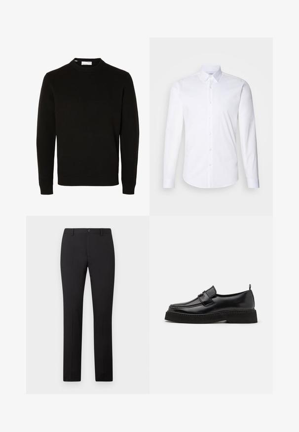 Jersey de punto negro de manga larga con cuello redondo, puños y bajo acanalados, mostrado sobre un fondo blanco liso.; Camisa blanca de manga larga abotonada hecha de suave tela de algodón, con un cuello clásico, cierre de botones y dobladillo curvado.; Pantalones negros a medida con diseño de pierna recta, con cierre de botón y trabillas para cinturón. Hechos de tela suave sin patrones visibles.; Zapatos estilo mocasín de cuero negro con suela plana y texturizada, con puntera cosida y una correa a lo largo del empeine.