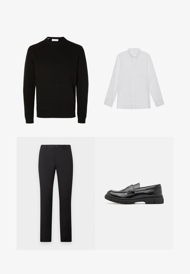 Pull en maille noir à manches longues, col rond, avec poignets et bas côtelés, présenté sur un fond blanc uni.; Chemise blanche à manches longues en tissu lisse, dotée d'un col pointu, d'une fermeture à boutons sur le devant et de poignets à un bouton.; Pantalon noir sur mesure avec une coupe droite, doté d'une fermeture à bouton et de passants pour ceinture. Confectionné dans un tissu lisse sans motifs apparents.; Mocassin en cuir noir avec une large sangle sur le devant, semelle en caoutchouc à épaisse rainure, et texture lisse. Design classique et élégant.