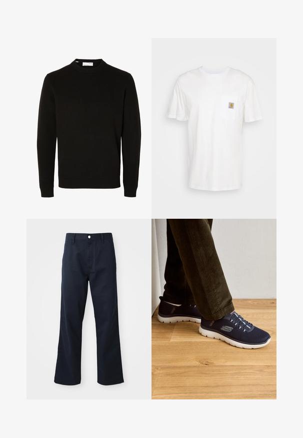 Sort langærmet striktrøje med rund hals og ribkant ved ærmer og bund, vist på en hvid baggrund.; Hvid bomulds T-shirt med korte ærmer, en brystlomme, og et lille firkantet logo patch i orange og hvid på lommen.; Mørkeblå bomuldsbukser med lige ben, der har en lynlås, knaplukning og forlommer. Glat overflade og ren finish.; Marine mesh sneakers med hvide såler, der har elastiske snørebånd og et logodesign. Afslappet stil med en let konstruktion.