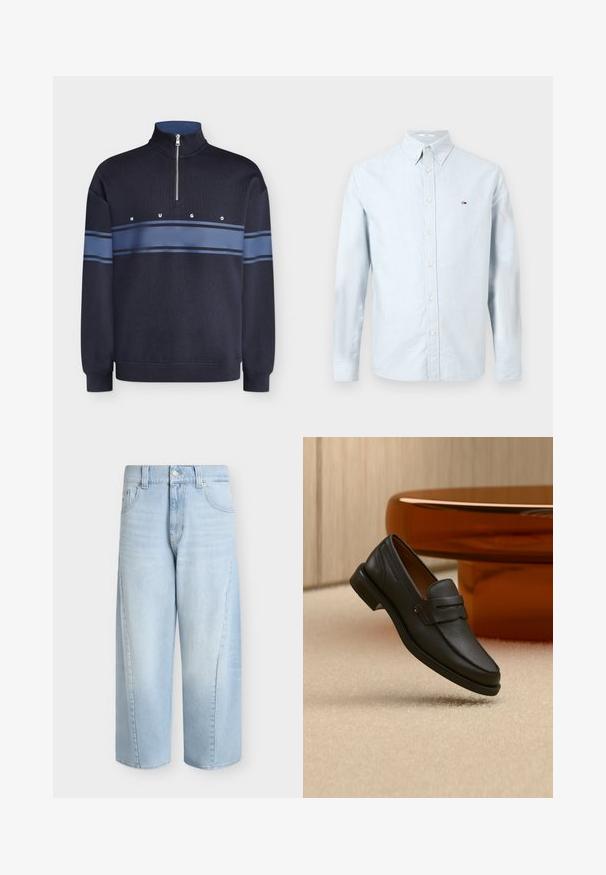 Sweat-shirt bleu marine à fermeture éclair quart, avec des rayures horizontales bleu clair et l'inscription "HUGO" sur la poitrine.; Chemise bleu clair à boutons en coton doux, avec des manches longues, un col pointu et un petit logo brodé sur le côté gauche de la poitrine.; Jean en denim bleu clair à jambes larges avec poches avant, passants de ceinture, fermeture par boutons et longueur raccourcie.; Mocassin homme en cuir noir avec une bande sur le dessus, présenté sur un tapis beige près d'une table ronde moderne marron.