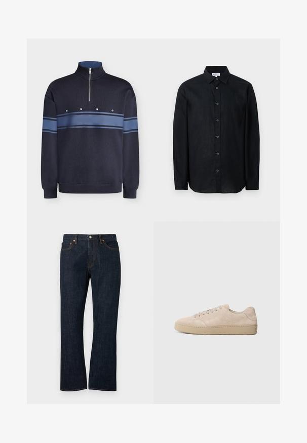 Sweat-shirt bleu marine à fermeture éclair quart, avec des rayures horizontales bleu clair et l'inscription "HUGO" sur la poitrine.; Chemise noire à manches longues avec boutons et col, présentée à plat sur un fond blanc.; Jean droit en denim bleu foncé avec poches avant, rivets en cuivre et fermeture par bouton.; Baskets en daim beige avec un bout rond, des lacets plats et une semelle en caoutchouc texturé. Design minimaliste avec des bords lisses et des coutures discrètes.