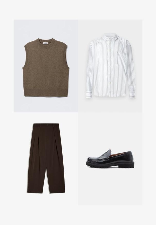 Pull sans manches marron en maille avec un col rond, des bords côtelés et une texture douce ; étiquette indiquant "WEEKDAY".; Chemise à manches longues avec boutons en blanc, dotée de fines rayures verticales rouges, texture douce, col pointu et une poche sur la poitrine gauche.; Pantalon large marron foncé taille haute avec plis devant, passants pour ceinture, fermeture par bouton et ourlets nets.; Mocassin penny en cuir noir avec semelle en caoutchouc épaisse et couture moc toe, montré de profil sur un fond blanc.