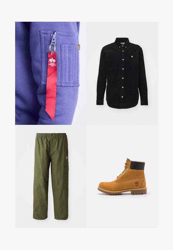 Sudadera morada con cremallera frontal y una etiqueta de cinta roja que muestra "ALPHA INDUSTRIES INC." Parche texturizado en la manga cerca de la cremallera.; Camisa de pana negra con cuello abotonado. Presenta botones blancos y un pequeño logo en el pecho. Manga larga con puños abotonados.; Pantalones cargo de Nike en verde oliva oscuro, con una cintura elástica, dos bolsillos laterales y una tela suave y ligera.; Botín de cuero marrón con ojales de metal, forro de piel sintética blanca, cuello acolchado negro, suela resistente y logotipo en relieve en el costado.
