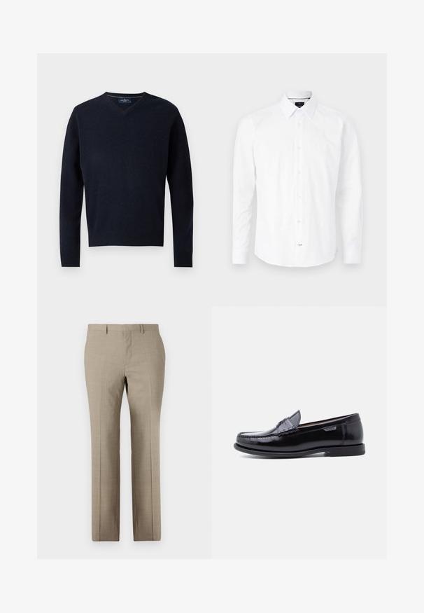 Marineblå V-hals sweater lavet af et blødt stof, med lange ærmer og ribbet kant. Minimalistisk design med en simpel etiket ved kraven.; Hvid langærmet skjorte lavet af bomuld. Har en knap-ned krave, frontlukning med knapper i pink og buet bund.; Beige skræddersyede bukser med en glat tekstur, lige ben, subtilt ternet mønster og flad front. To baglommer inkluderet.; Sorte læderloafer med en blank finish, der har et syet mønster på tåen og en lav, tekstureret sort gummisål.