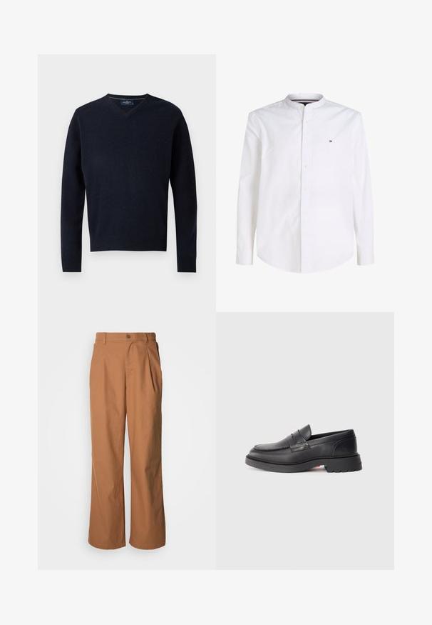 Navy V-Ausschnitt-Pullover aus einem weichen Stoff, mit langen Ärmeln und einem gerippten Saum. Minimalistisches Design mit einem schlichten Etikett am Kragen.; Weißes Herrenhemd mit langen Ärmeln, Knopfleiste, Stehkragen und kleinem Tommy Hilfiger Logo auf der Brust.; Weit geschnittene Hosen aus warmbraunem Stoff, mit einer vorderen Knopfverschluss, dezenten Falten und geradem Schnitt für eine entspannte Passform.; Schwarze Leder-Lenker mit runder Spitze, erhobenem Naht und dicker Gummisohle. Schlichtes Design mit minimaler Markenpräsenz an der Seite.