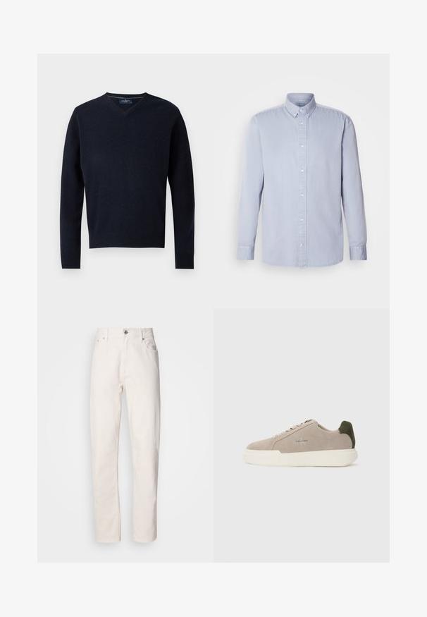Navy V-Ausschnitt-Pullover aus einem weichen Stoff, mit langen Ärmeln und einem gerippten Saum. Minimalistisches Design mit einem schlichten Etikett am Kragen.; Helles blaues Langarmhemd mit Knopfverschluss aus Baumwolle und weicher Textur, mit klassischem Kragen und vorderem Knopfverschluss.; Weiße Denim-Jeans mit geradem Bein, Knopf- und Reißverschluss, Gürtelschlaufen sowie Vorder- und Hintertaschen, auf einfarbigem Hintergrund gezeigt.; Beige Wildledersneaker mit einer weißen Gummisohle, die einen dunkelgrünen Akzent an der Ferse und dezente Markenaufschrift an der Seite aufweisen.