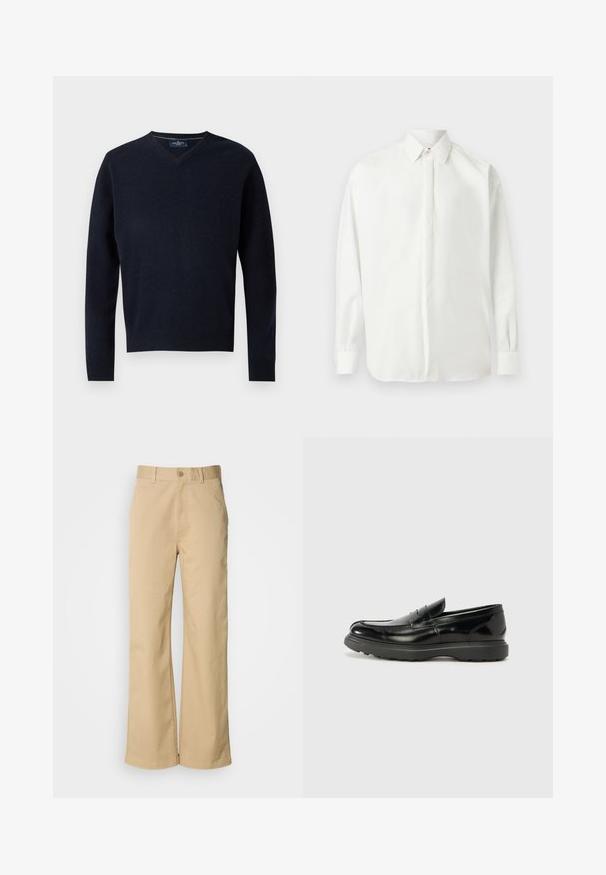 Navy V-Ausschnitt-Pullover aus einem weichen Stoff, mit langen Ärmeln und einem gerippten Saum. Minimalistisches Design mit einem schlichten Etikett am Kragen.; Weißes langärmliges Hemd mit Knopfleiste, spitzem Kragen und geknöpften Manschetten, flach liegend auf hellgrauem Hintergrund dargestellt.; Beige, weit geschnittene Hosen aus einer Baumwollmischung. Mit einem Knopfverschluss und Gürtelschlaufen. Glatte Textur mit minimalen Nähten.; Schwarze Lederloafer mit glanzendem Finish, abgerundetem Zehenbereich, subtilen Steppnähten und einer dicken Gummisohle für Langlebigkeit.
