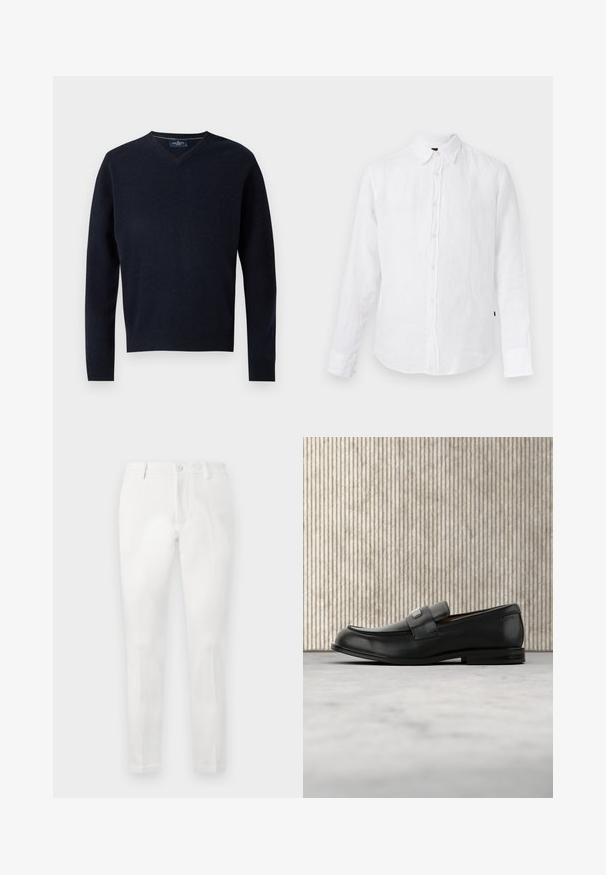 Marineblå V-hals sweater lavet af et blødt stof, med lange ærmer og ribbet kant. Minimalistisk design med en simpel etiket ved kraven.; Hvid skjorte med lange ærmer, knapper foran, krave og en subtil stoftekstur.; Hvide bukser med skræddersyet pasform, der har en flad front, to sidelommer og en enkelt baglomme. Lavet af glat stof.; Sort læderloafer med metalbrandskilt hvilende nær et brunt rundt bord på beige tæppe.