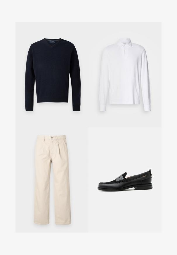 Navy V-Ausschnitt-Pullover aus einem weichen Stoff, mit langen Ärmeln und einem gerippten Saum. Minimalistisches Design mit einem schlichten Etikett am Kragen.; Weißes langärmliges Polohemd mit Kragen und zwei Knöpfen, auf einem hellgrauen Hintergrund präsentiert.; Beige weit geschnittene Hose mit hoher Taille, Frontfalten, einem vorderen Knopfverschluss und einem glatten Baumwollstoff.; Schwarzer Lederloafer mit grauem Riemendetail, niedrigem Absatz und strukturierter Sohle, seitlich mit „HUGO“ in Gold gebrandmarkt.