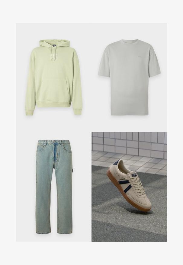 Lys grøn hættetrøje lavet af blødt stof, med en frontlomme og hvidt "GAP" logo. Ribbet manchetter og kant.; Lys grå kortærmet T-shirt med rund hals og diskret broderet logo på venstre bryst, liggende fladt på hvid baggrund.; Lys blå, løstsiddende denimjeans med fem lommer, knaplukning og synlige syninger. Stoffet har et falmet, tekstureret udseende.; Beige sneaker med struktureret overflade, marineblå striber og gummisål. Har en polstret tunge og traditionelt snørresystem for en sikker pasform.