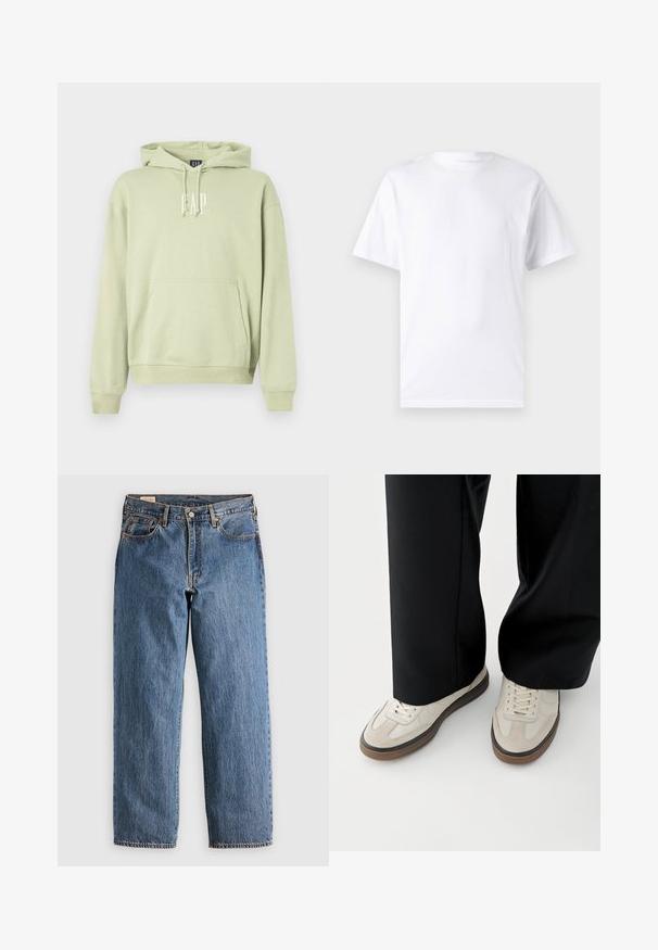Sweat-shirt à capuche vert clair en tissu doux, comportant une poche frontale et le logo "GAP" en blanc. Poignets et ourlet côtelés.; T-shirt blanc à manches courtes en coton avec un col rond, présentant une texture lisse et un design simple, sans motifs ni accents.; Jeans en denim bleu avec une coupe droite, présentant une taille haute, des rivets en cuivre et des coutures orange. Poches avant et arrière incluses.; Pieds portant des baskets beige avec des semelles marron et un pantalon noir à jambes larges sur fond blanc.