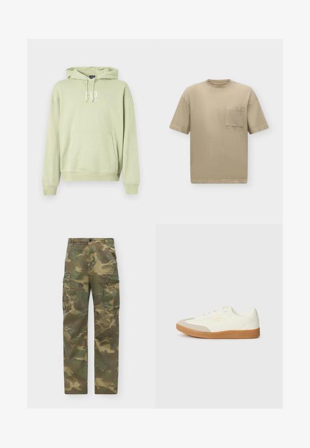 Lichtgroene hoodie gemaakt van zachte stof, met een voorkantzak en een witte "GAP"-logo. Ribgebreide manchetten en zoom.; Beige T-shirt met korte mouwen, een ronde hals en een klein borstzakje aan de linkerkant tegen een lichte achtergrond.; Heren cargobroek met rechte pijpen in groen-bruine camouflageprint en knoopsluiting in de taille.; Schoen gemaakt van wit leer met een beige teenkap en een lichtbruine rubberen zool. Voorzien van platte witte veters en reliëfbranding aan de zijkant.