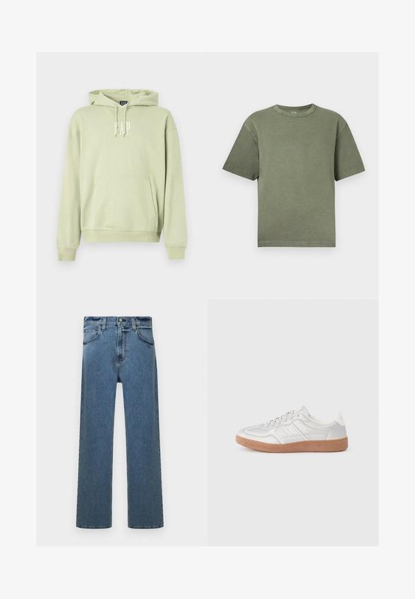 Lichtgroene hoodie gemaakt van zachte stof, met een voorkantzak en een witte "GAP"-logo. Ribgebreide manchetten en zoom.; Olijfgroen katoenen T-shirt met korte mouwen en een ronde hals, met een losse, boxy pasvorm, afgebeeld op een witte achtergrond.; Blauwe straight-leg spijkerbroek met vijf zakken, riemlussen en knoopsluiting, weergegeven op een witte achtergrond.; Zilveren sneakers met een gladde textuur, vetersluiting, geperforeerde accenten en een gestructureerde bruine rubberen zool.