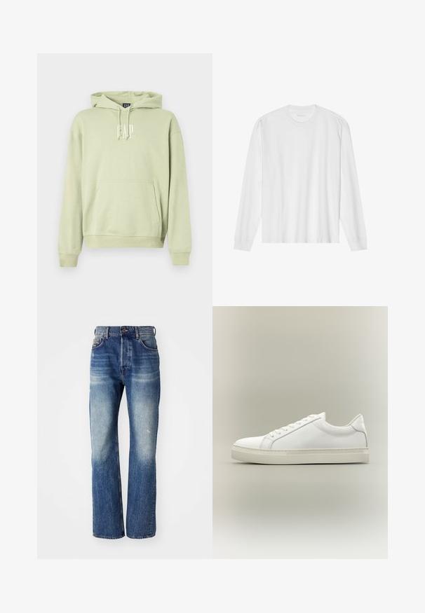 Sweat-shirt à capuche vert clair en tissu doux, comportant une poche frontale et le logo "GAP" en blanc. Poignets et ourlet côtelés.; T-shirt blanc en coton à manches longues avec col rond, doté de poignets côtelés et d'un ourlet droit, texture lisse et design minimaliste.; Jean en denim bleu avec une coupe droite, présentant un léger délavage et de légères marques à l'avant. Style classique à cinq poches.; Baskets blanches basses à lacets sur l’avant et semelle épaisse, vues de côté sur un fond neutre.