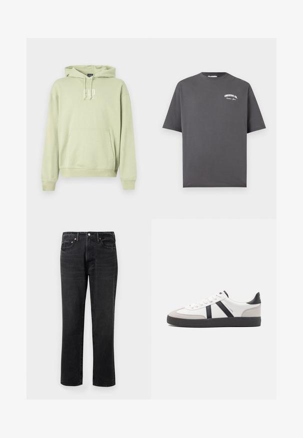 Lys grøn hættetrøje lavet af blødt stof, med en frontlomme og hvidt "GAP" logo. Ribbet manchetter og kant.; Mørkegrå kortærmet bomulds-T-shirt med lille hvid "CREATIVE CO." tekst og mindre skrift nedenunder på venstre bryst.; Sorte denim jeans med lige ben, featuring knap- og lynlåslukning, fem lommer og kobberhardware-detaljer.; Hvide sneakers med sorte og grå detaljer, med en tekstureret grå tåhætte, sort gummisål og flade hvide snørebånd. Rent design, minimalistisk stil.