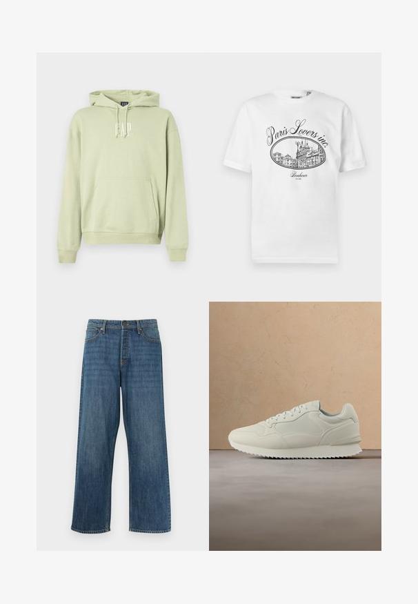 Sweat-shirt à capuche vert clair en tissu doux, comportant une poche frontale et le logo "GAP" en blanc. Poignets et ourlet côtelés.; T-shirt en coton blanc avec une illustration noire représentant un paysage urbain parisien, accompagné du texte "Paris Lovers inc." et "Bonheur EST.1992."; Jean denim bleu coupe droite avec un design classique à cinq poches et une fermeture par bouton, présenté sur un fond blanc uni.; Baskets de couleur crème avec un design à lacets, une semelle épaisse et une semelle extérieure texturée, flottant au-dessus d'un tapis beige et d'un canapé en arrière-plan.