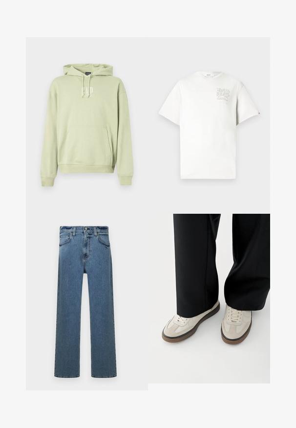 Lys grøn hættetrøje lavet af blødt stof, med en frontlomme og hvidt "GAP" logo. Ribbet manchetter og kant.; Hvid bomulds t-shirt med korte ærmer, der har et trykt logo i grå på venstre bryst. Rund hals, afslappet pasform og minimale detaljer.; Blå straight-leg denim jeans med fem lommer, bæltestropper og knaplukning, vist på en hvid baggrund.; Fødder iført beige sneakers med brune såler og sorte bukser med vide ben på hvid baggrund.