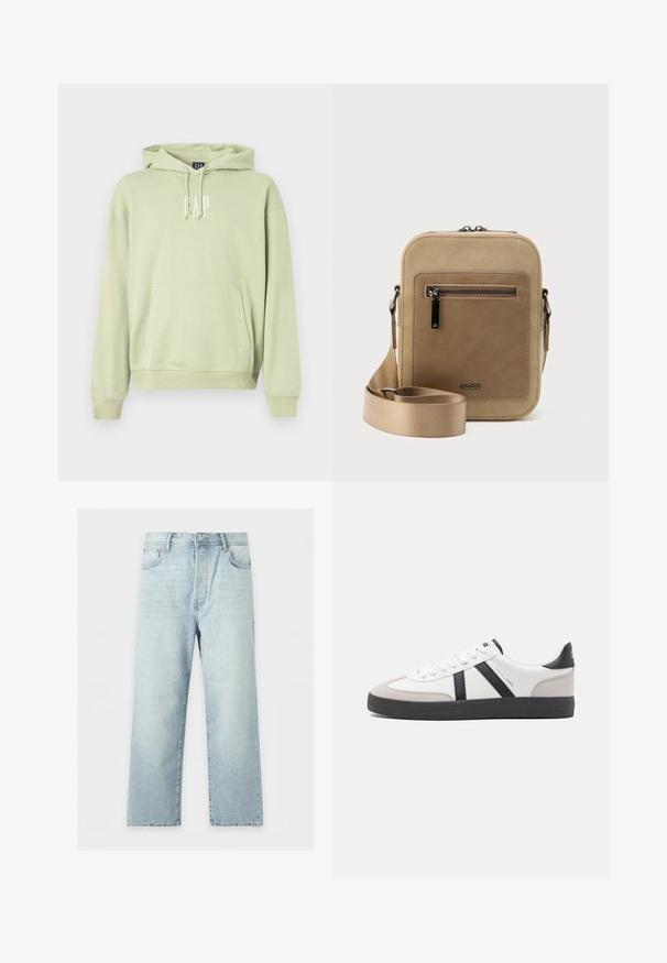 Lys grøn hættetrøje lavet af blødt stof, med en frontlomme og hvidt "GAP" logo. Ribbet manchetter og kant.; Lyseblå jeans med brede ben, fem lommer, knap- og lynlåslukning samt let falmet vask, lagt fladt på en hvid baggrund.; Hvide sneakers med sorte og grå detaljer, med en tekstureret grå tåhætte, sort gummisål og flade hvide snørebånd. Rent design, minimalistisk stil.; Lille beige crossbody-taske med lynlåslomme foran, metal ALDO-logo, justerbar bred rem og rundet rektangulær form på hvid baggrund.
