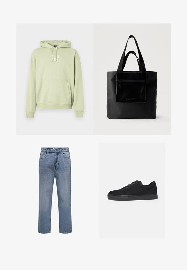 Lys grøn hættetrøje lavet af blødt stof, med en frontlomme og hvidt "GAP" logo. Ribbet manchetter og kant.; Lyseblå straight-leg denim jeans med knap- og lynlåslukning samt for- og baglommer.; Sort lavtop sneaker med snørelukning foran og flad gummisål, vist fra siden på en hvid baggrund.; Sort tote-taske med lynlåslomme foran og to håndtag, sat mod en ensfarvet lys baggrund.