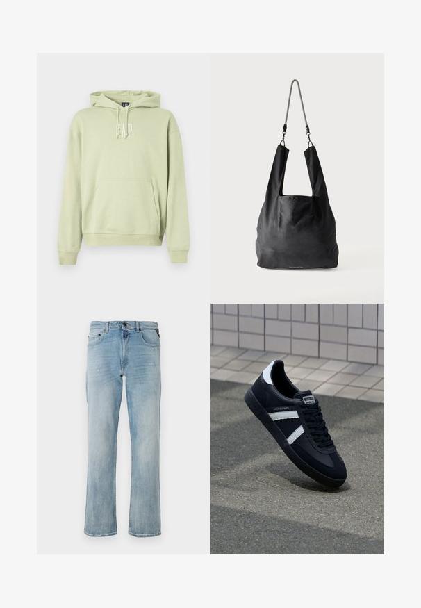 Sweat-shirt à capuche vert clair en tissu doux, comportant une poche frontale et le logo "GAP" en blanc. Poignets et ourlet côtelés.; Jean en denim bleu clair à coupe décontractée, mettant en avant des détails légèrement usés et un design classique à cinq poches.; Sneaker en cuir noir avec des rayures blanches, semelle en caoutchouc texturée et devant à lacets. Présente une étiquette de marque sur la languette.; Sac fourre-tout en tissu noir doux avec de larges anses et une fine bandoulière tressée noire et blanche.