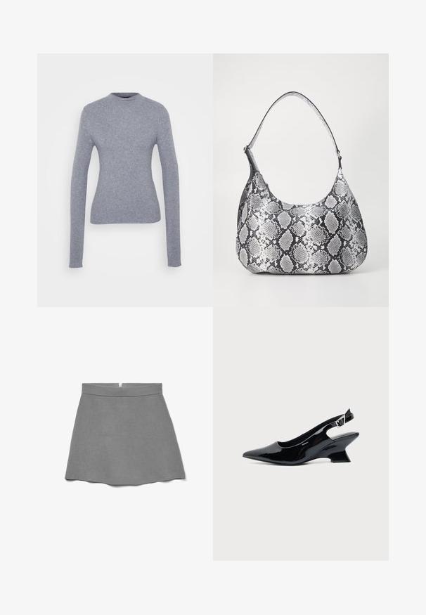 Suéter de manga larga gris con textura acanalada y cuello alto. Diseño ajustado y textura suave. Simple y minimalista, sin hardware o patrones visibles.; Falda gris hecha de tela suave, con cintura alta, forma acampanada y una cremallera oculta en la parte trasera.; Zapato slingback de cuero charol negro con puntera puntiaguda y tacón bajo en bloque inclinado sobre fondo claro liso.; Bolso de hombro con estampado de serpiente en blanco y negro, de forma redondeada, textura suave y correa curvada. Presenta un acento de hardware plateado.